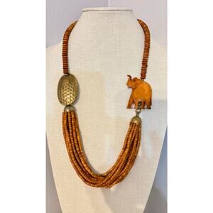 Vintage Wood Elephant Necklace Hammered Metal Multi Strand Boho 30”
